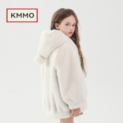 KMMO儿童皮草外套2025秋冬新款女童仿水貂毛短款连帽冬装加绒加厚