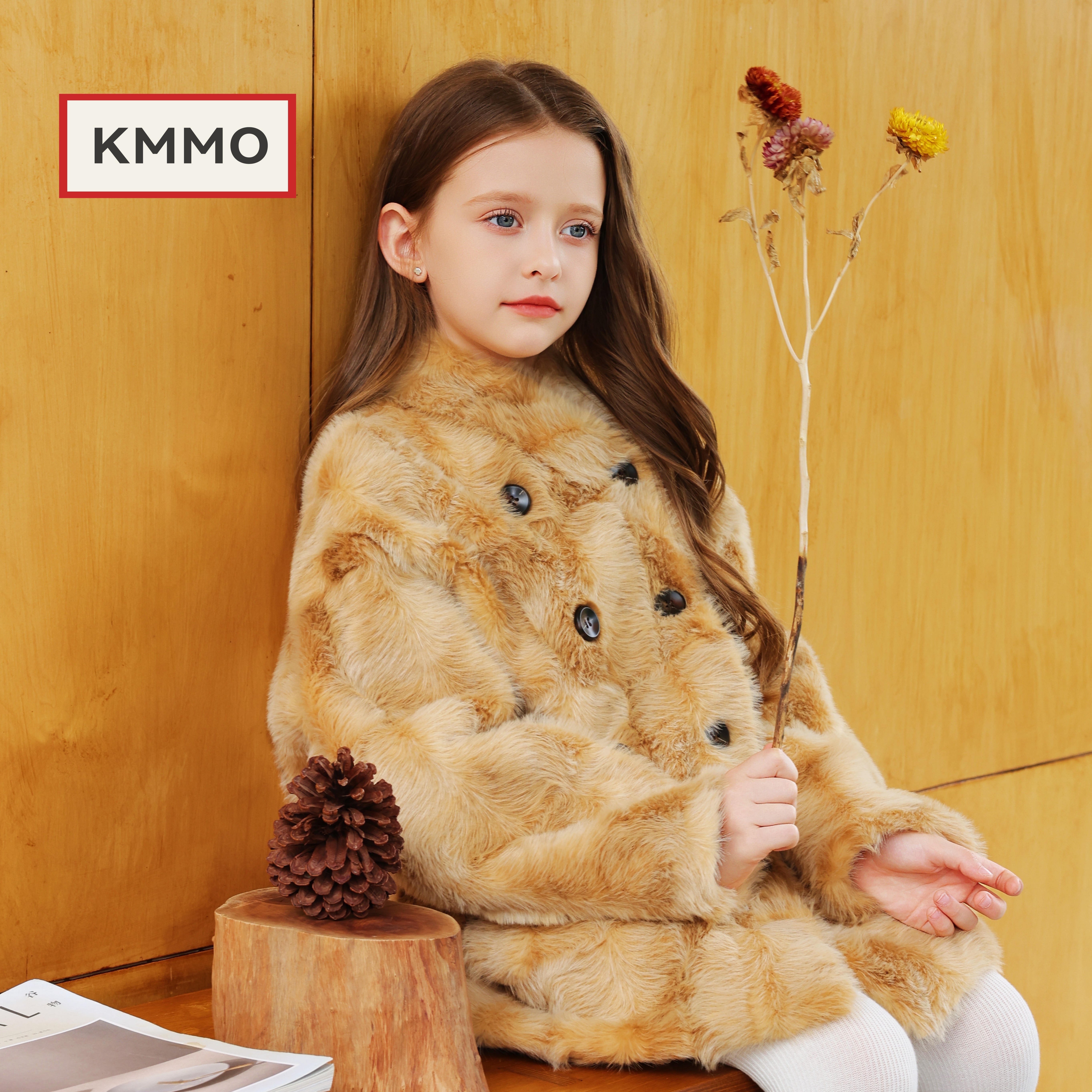 KMMO女童加厚仿水貂毛短款外套