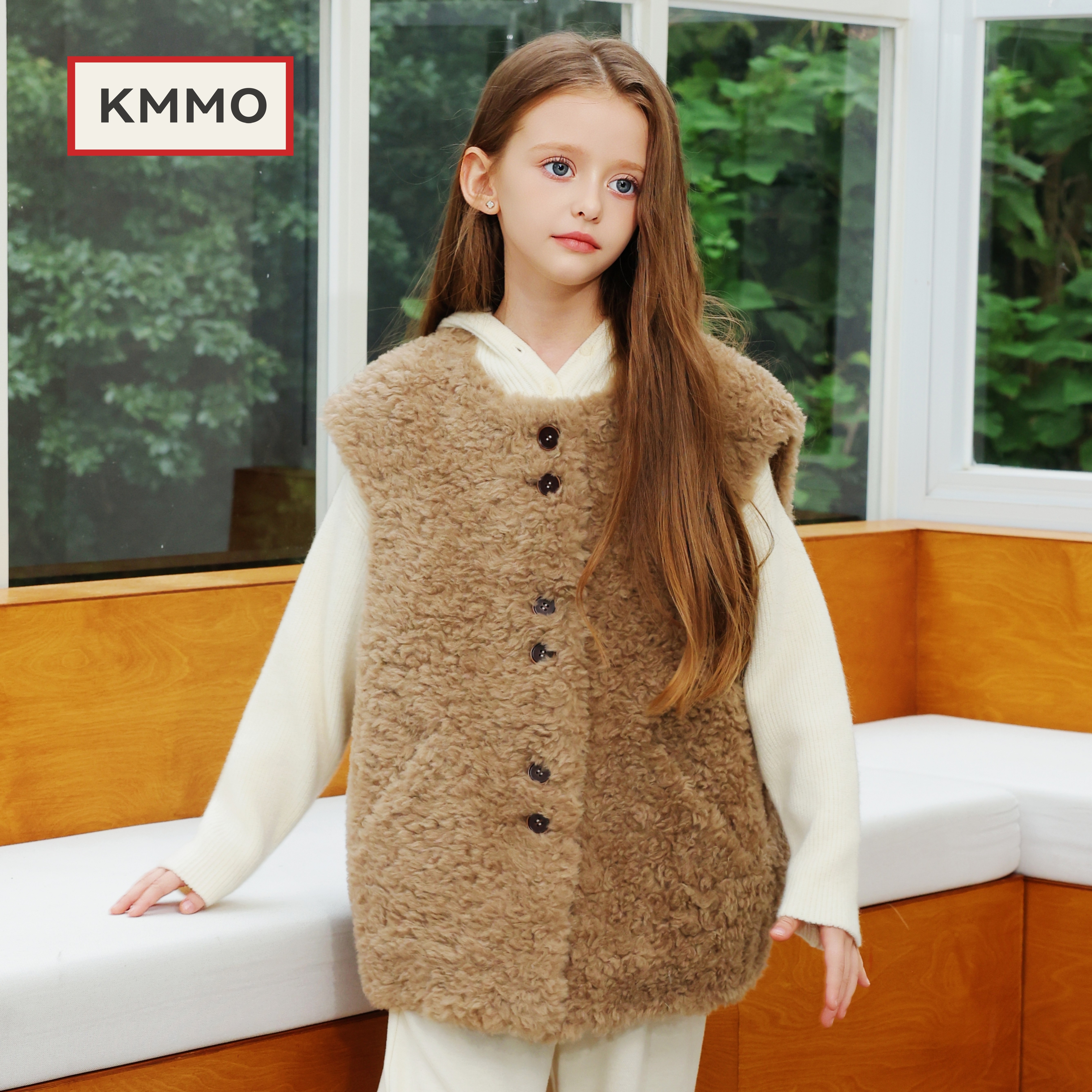 KMMO女童秋冬加厚仿羊羔毛马甲
