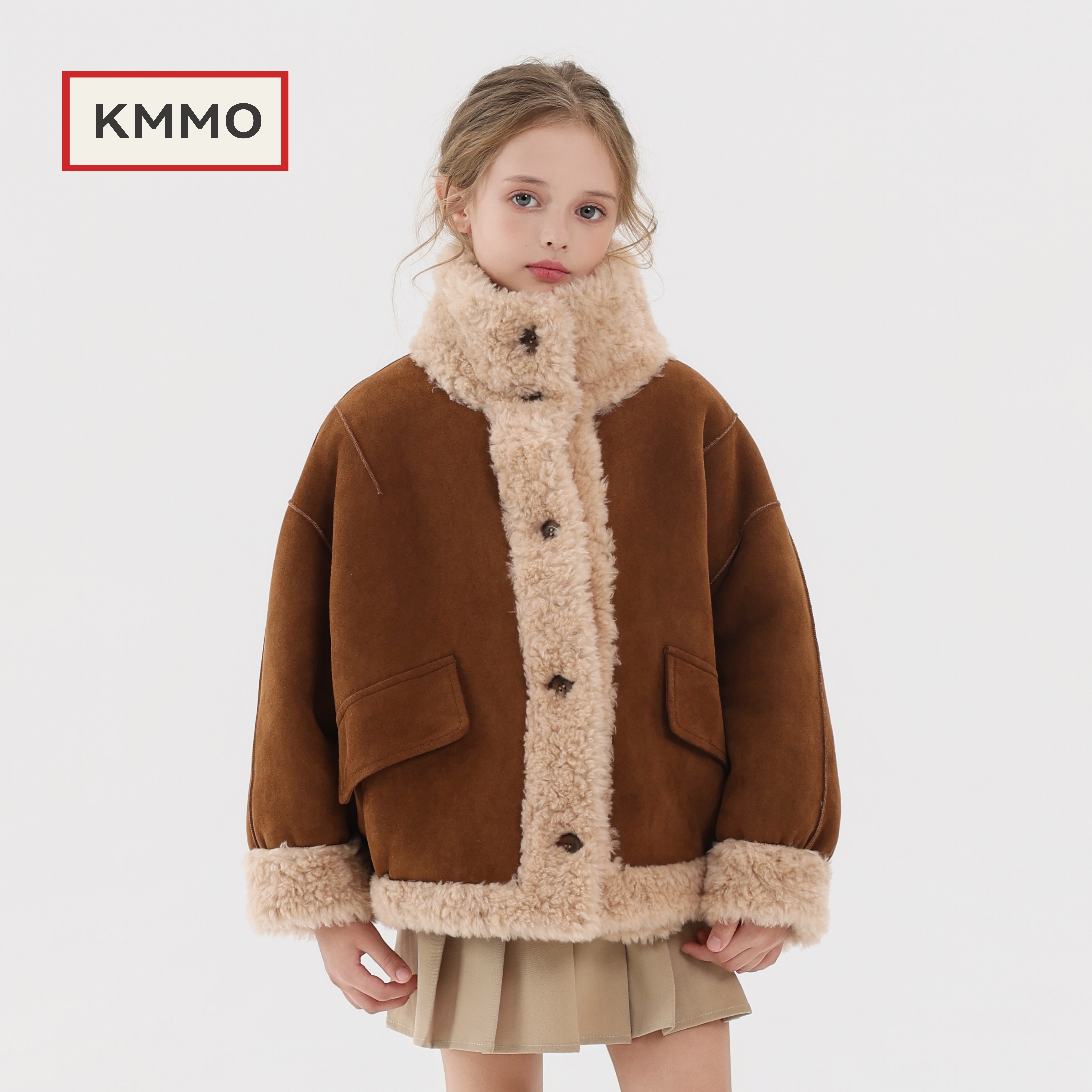 KMMO童装法式老钱风仿皮毛一体立领外套女童冬季两面可穿儿童大衣