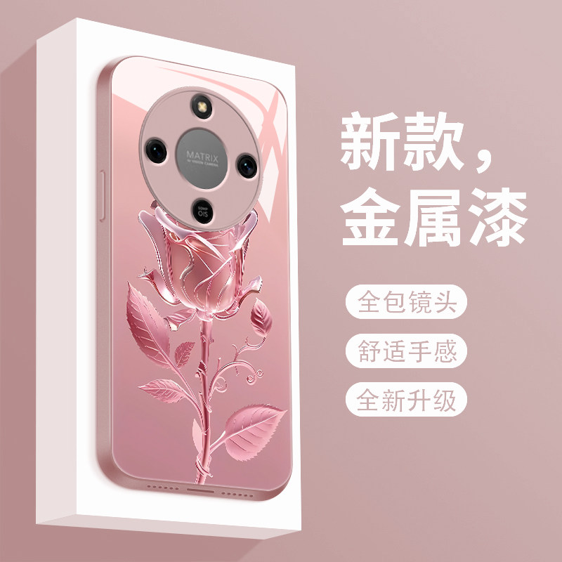 适用于荣耀x70手机壳玫瑰花荣耀x70i新款液态玻璃保护套HONORX7O镜头全包防摔ABR-AN00潮牌简约创意女款
