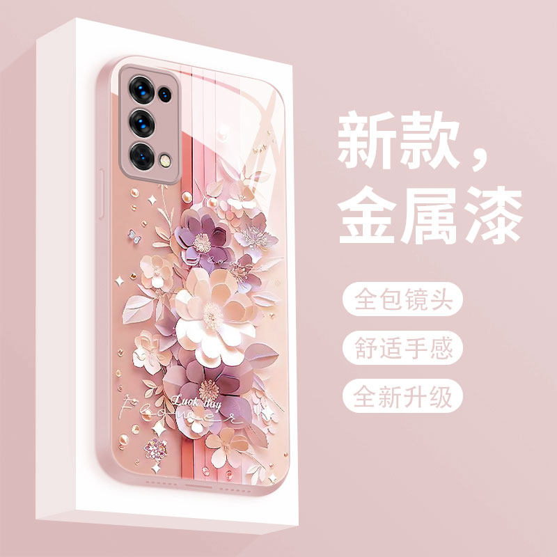 剪纸花适用opporeno5pro+手机壳新款液态玻璃Reno5k保护套4pro全包时尚女款4SE超薄散热Rn3元气版高级防摔