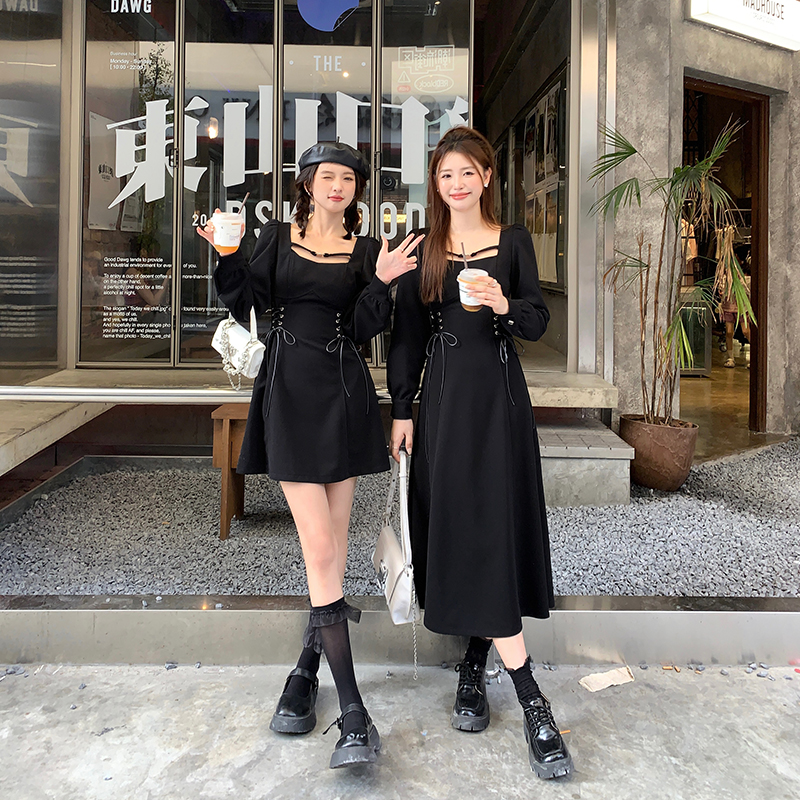 张大人大码女装胖妹妹mm显瘦遮肉绑带收腰小黑裙甜酷闺蜜连衣裙女