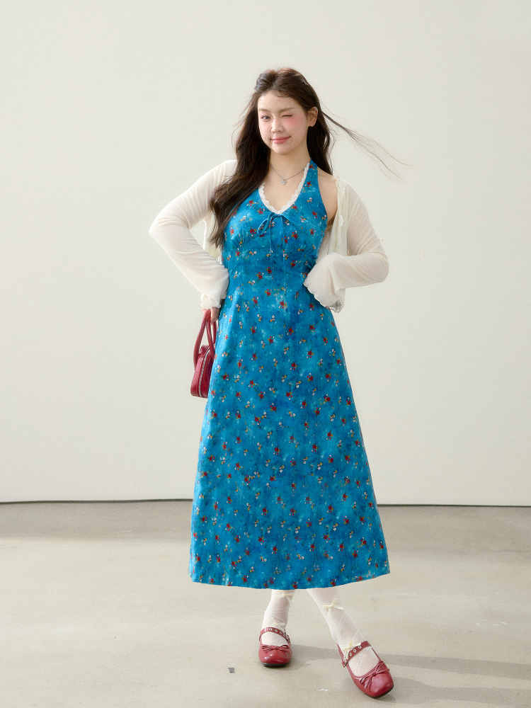 Plus-Size Women's Clothing for Chubby Girls mm Slim Looking Floral Dress Beach Vacation Style Summer Beautiful Halter Dress