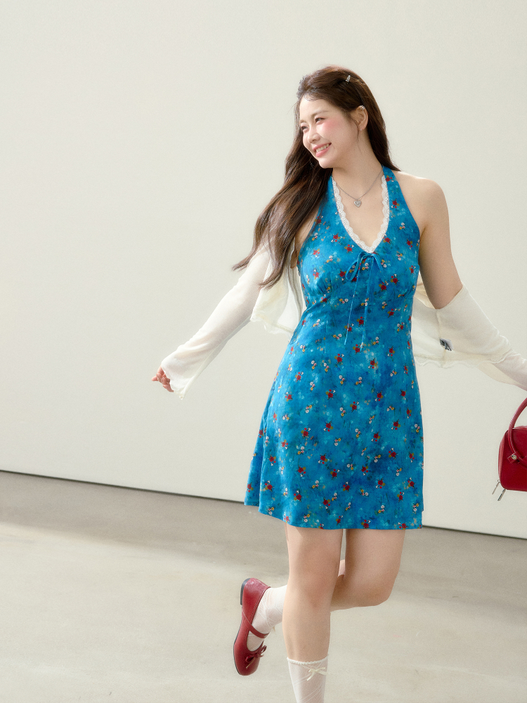 Plus-Size Women's Clothing for Chubby Girls mm Slim Looking Floral Dress Beach Vacation Style Summer Beautiful Halter Dress