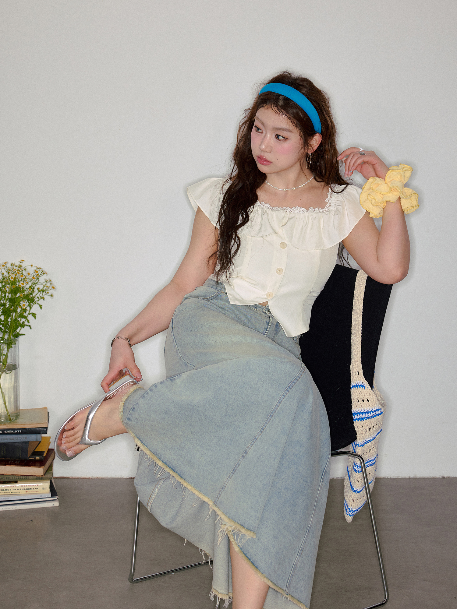 Summer Plus size Women's Clothing Loose-Fit mm Slim Looking Suit Korean Style Gentle Off-Shoulder Top and Denim Skirt