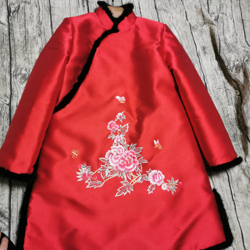 拜年服 新中式改良中长款A字水貂毛边薄棉衣外套