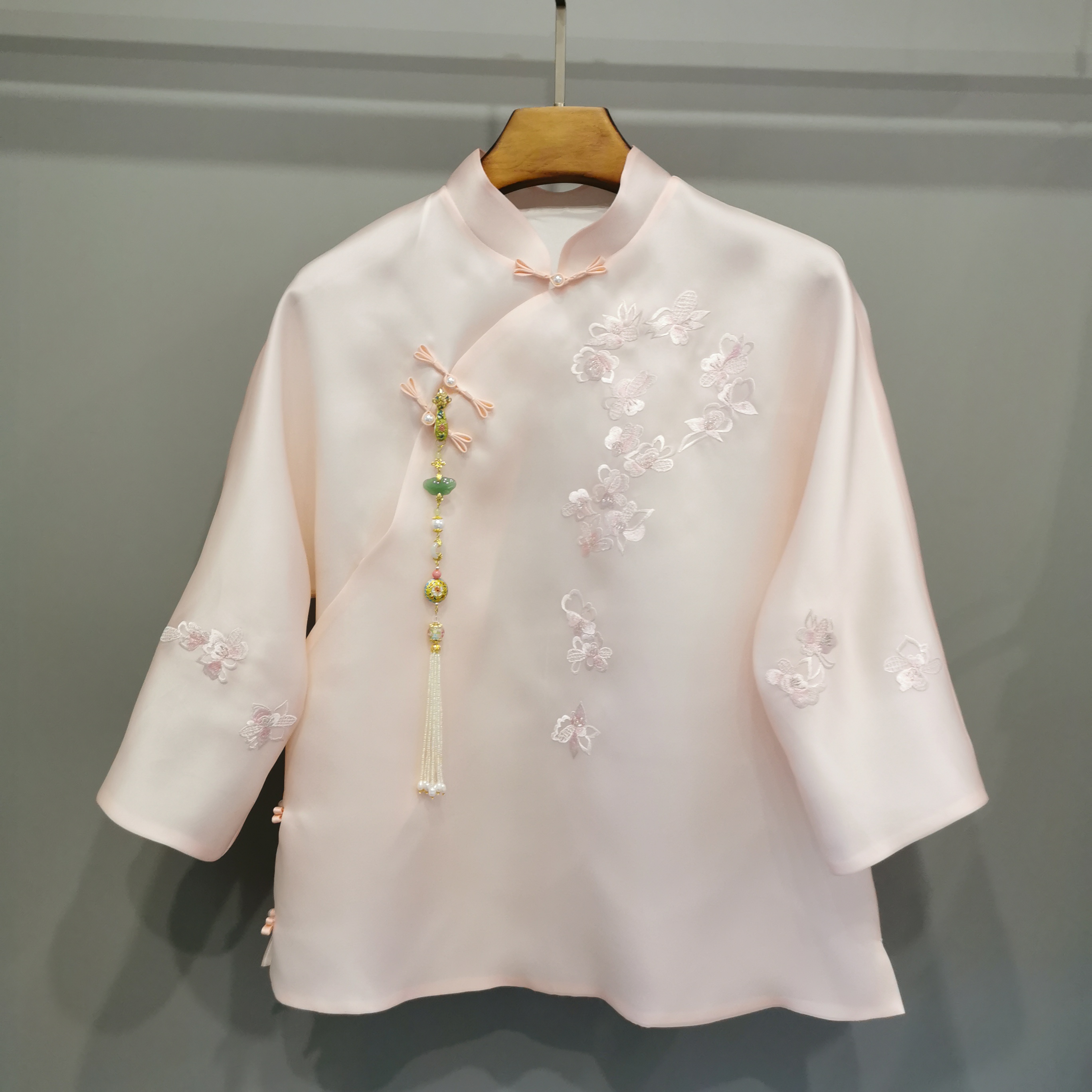韵姿 春夏款里外真丝绣花A字改良新中式禅意七分袖大码茶服衬衫