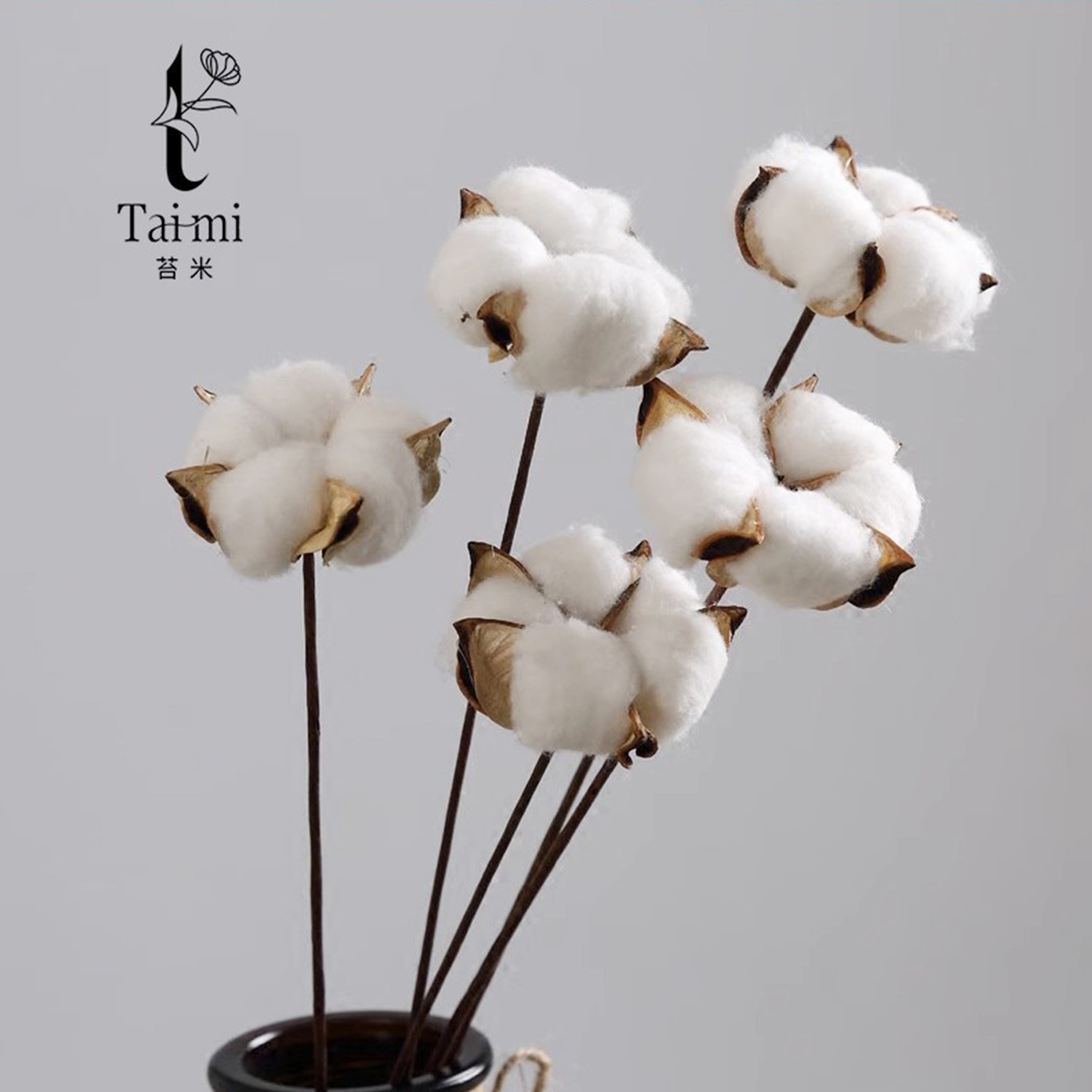 天然棉花带杆干花花艺搭配鲜花