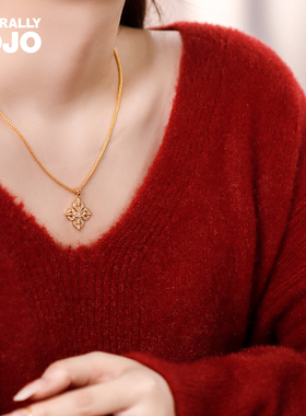 新中式国潮镀真金古法沙金十字金刚杵吊坠项链女生四叶草耳钉套装