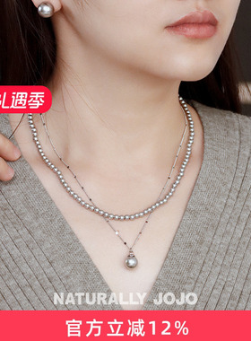 真多麻灰色人造珍珠纯银项链女