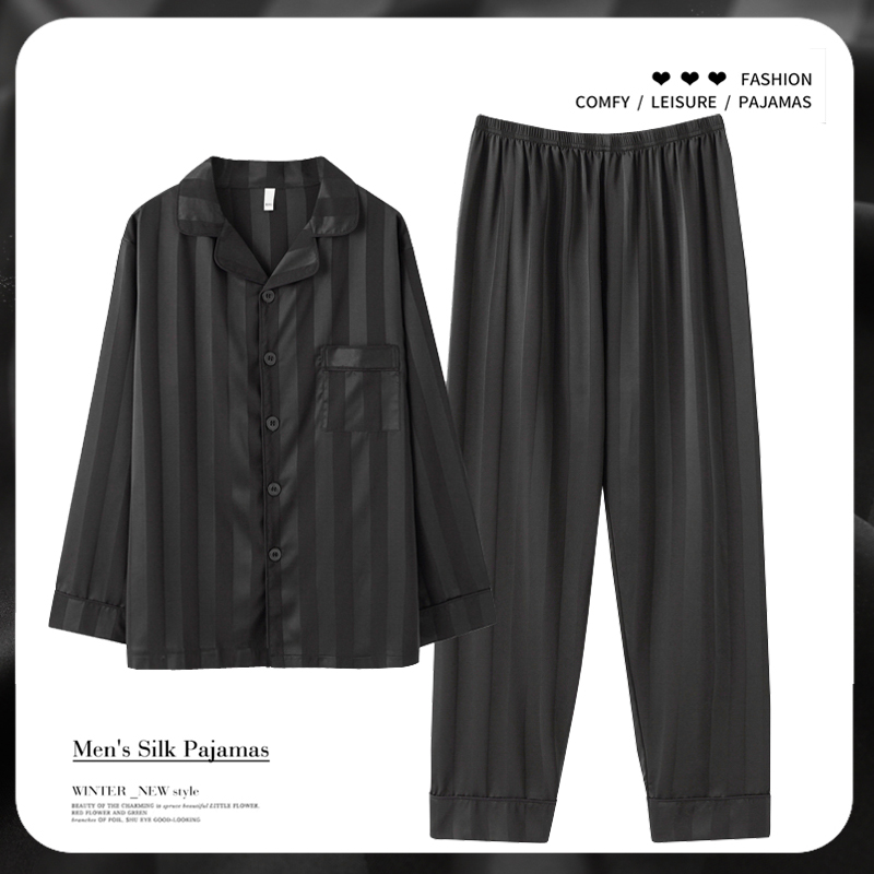 芝桃鸟长袖春秋睡衣男士夏季冰丝条纹大码套装2023年新款仿真丝绸