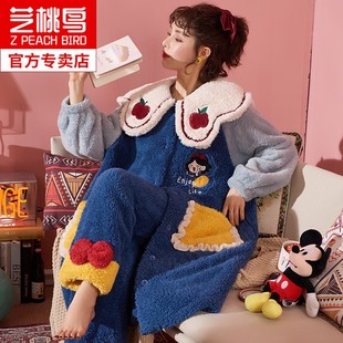 冬装 家居服两件套加厚加绒睡衣女2020年新款 睡袍长裤 芝桃鸟秋冬季