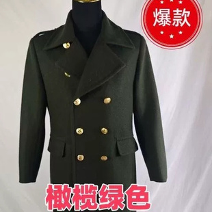 男装橄榄绿色毛呢料羊毛双排呢子大衣老兵老式保暖怀旧