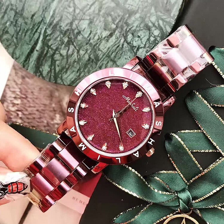 瑪莎莉女款新款爆款紫色星空面帶日歷優雅大氣腕表百搭女士手表