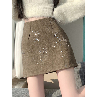 法式重工亮片毛呢半身裙女巨好看的冬装裙子辣妹高腰A字包臀短裙