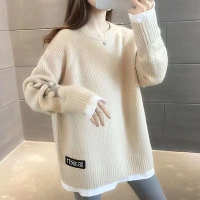 中长款假两件毛衣女2025秋冬新款爆款宽松时尚加厚针织打底衫冬季