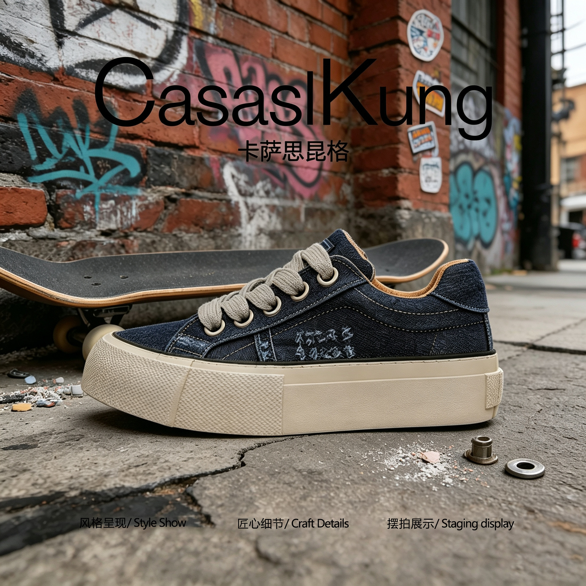【轻奢潮牌】CasaslKung2026秋季美式复古板鞋男破环做旧帆布潮鞋