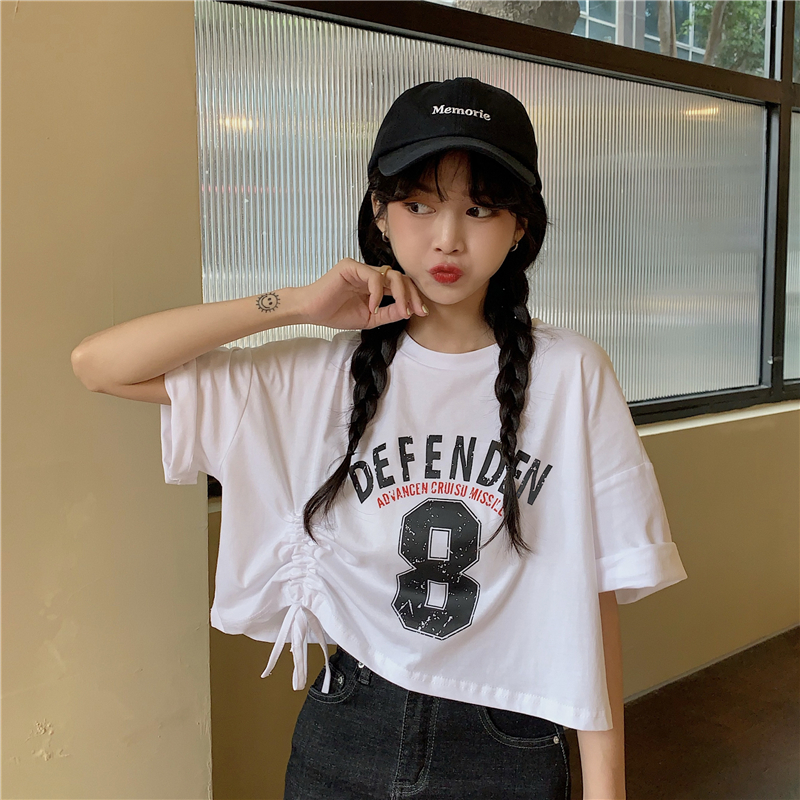 Real shot real price Korean loose short sleeve top drawstring design letter printing Casual Short T-shirt for women