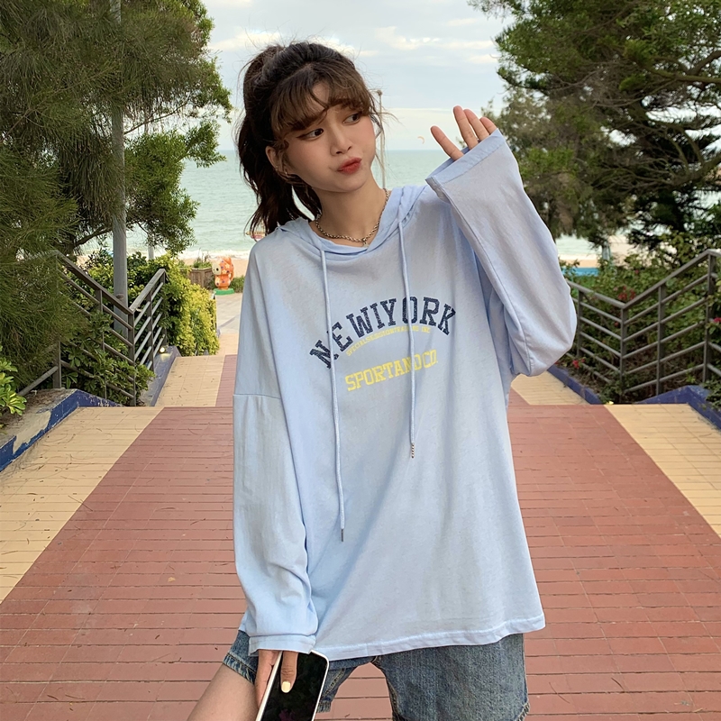 Real price letter printing pullover, sunscreen, women's summer and Korean loose long sleeve thin hooded top