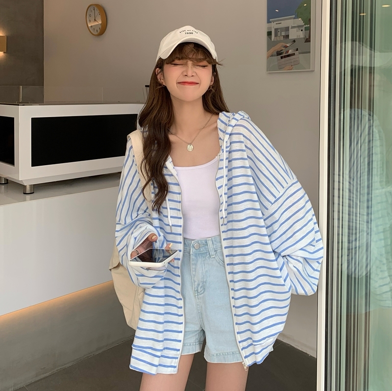 Real shot real price summer Korean loose thin versatile hooded lace up stripe thin sunscreen long sleeve jacket for women