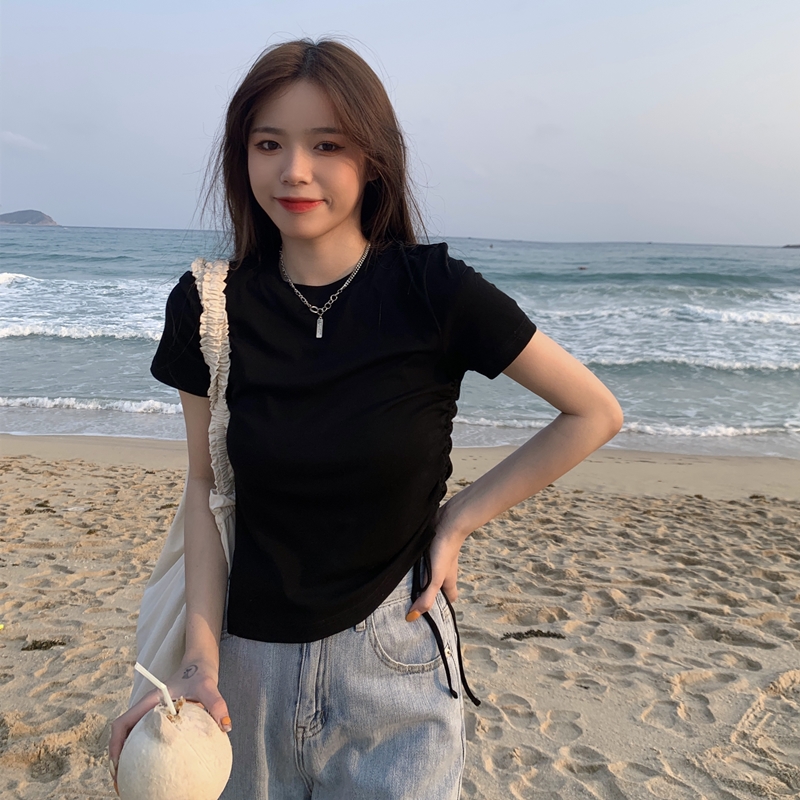 Real price short sleeve T-shirt women's summer fashion Korean design irregular T-shirt with drawstring