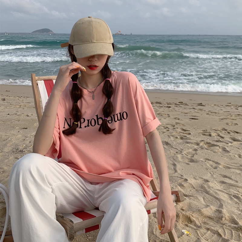 Real price Korean round neck holed loose short sleeve T-shirt women's letter print versatile top summer