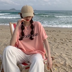 Real price Korean round neck holed loose short sleeve T-shirt women's letter print versatile top summer