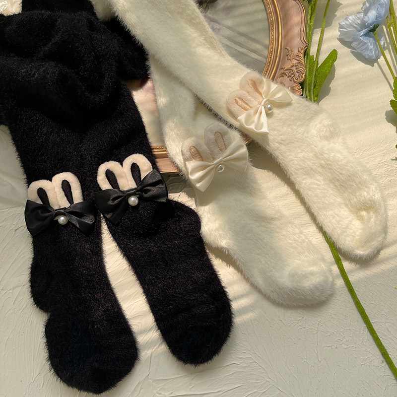 欠酱baby冬季新品獭兔毛绒保暖打底裤袜兔耳钉珠宝宝女儿童裤袜女