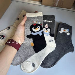 超可爱花生企鹅 袜子女中筒卡通插画企鹅植绒无骨缝头百搭学院风