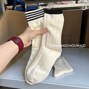 女白色中筒袜子薄款 春夏新款 镂空网眼条纹无骨缝头百搭日系ins潮