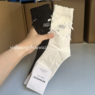 秋冬新品 袜子女花边蝴蝶结刺绣中筒棉袜黑白袜子百搭Lolita无骨