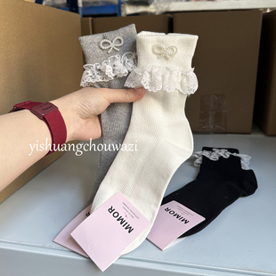 春秋新款 韩系东大门蕾丝花边袜口珍珠蝴蝶结中筒袜纯色百搭ins潮
