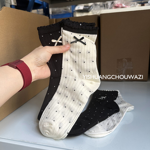 女中筒棉袜子薄款 春夏新款 花边甜美波点蝴蝶结字母刺绣日韩ins潮