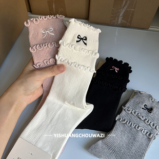 花边袜秋冬日韩双木耳边刺绣蝴蝶结中筒袜女潮ins风时尚百搭miu系