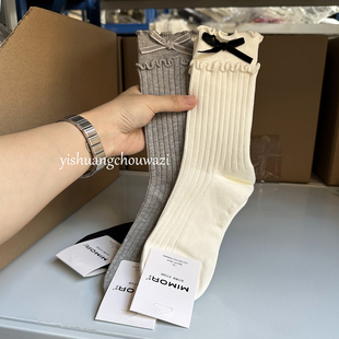 春秋新款中筒袜时尚蝴蝶结木耳边百搭黑白灰纯色韩系甜美miu风ins