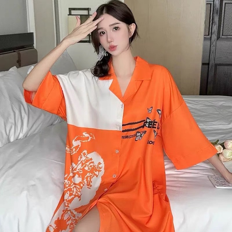 ins风夏季休闲新款网红睡裙翻领洋气家居服冰丝大码薄款可外穿