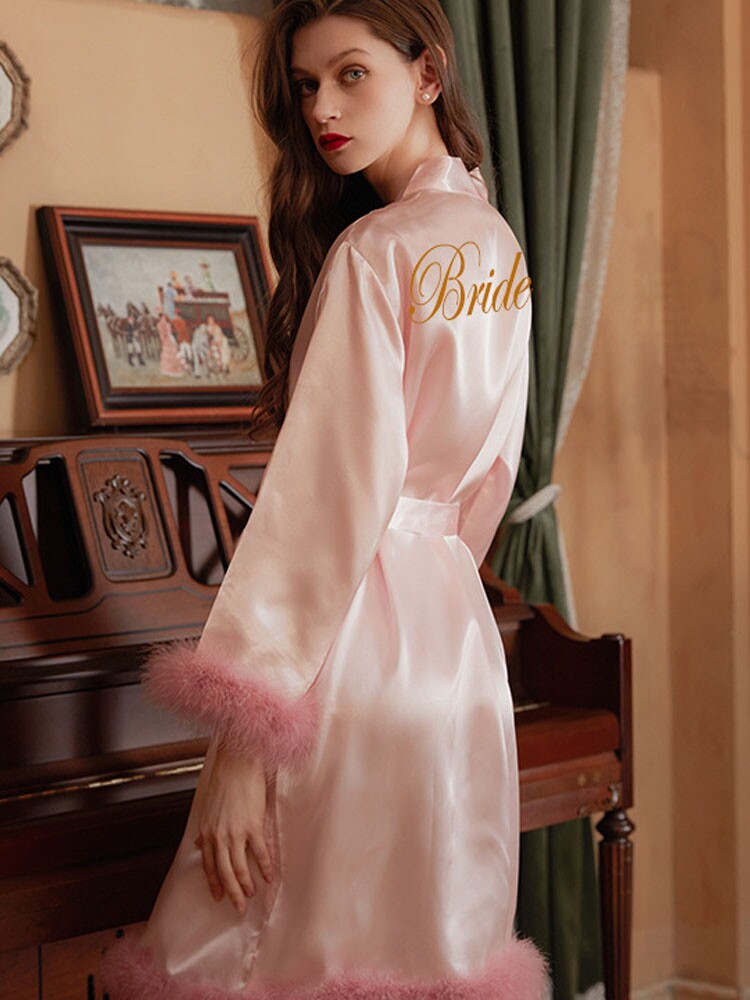 SUMMER RED BRIDAL FEATHER HEM MORNING GOWN VERSATILE BRIDESMAID COSMETICS WEDDING DRESSING GOWN SEXY LUXURY PAJAMAS