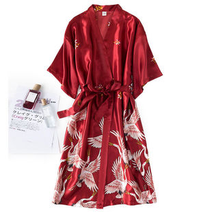 睡袍单件女春秋夏季 冰丝浴袍性感家居服和服 宽松长款 仙鹤睡袍薄款