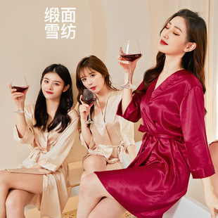 缎面雪纺女士睡袍新娘袍晨袍婚礼化妆伴娘团结婚和服仿真丝浴袍