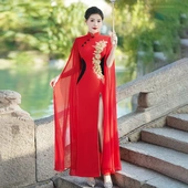 大气夏 表演走秀礼仪主持人礼服旗袍时尚 红色中式 演出旗袍2024新款