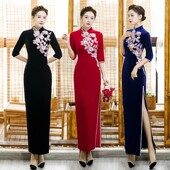 黑色年轻款 长袖 复古连衣裙 金丝绒旗袍高端舞台走秀演出服长款 新款