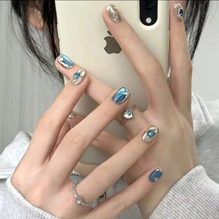 手工定制布契拉提蓝色猫眼成品贴甲片穿戴假指甲孕妇持久可拆卸