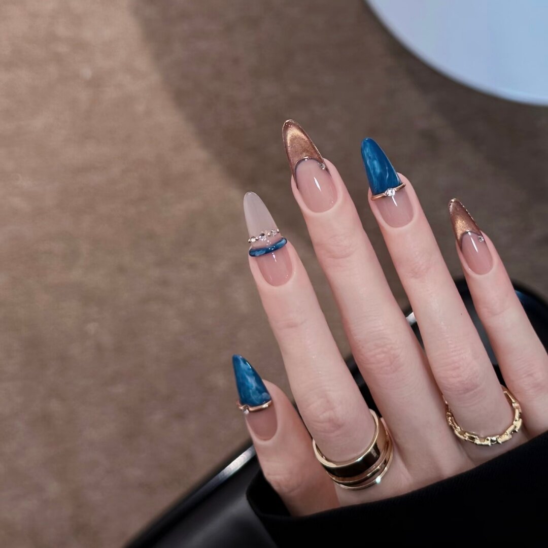 成品穿戴假指甲钴蓝琥珀显白可拆卸成品孕妇美甲贴片手工光疗指甲