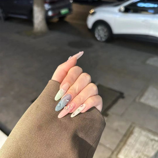 213穿戴假指甲贴片手工定制成品美甲长款 甜酷彩色手工美甲孕妇带