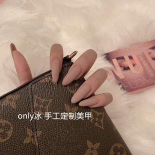 欧美风小红书显白加长圆头磨砂穿戴甲美甲成品光疗甲手工定制裸色