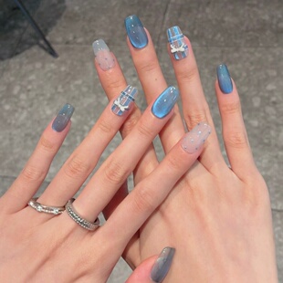 手工定制成品假指甲光疗穿戴甲氛围感蓝色 海孕妇新娘显白可拆卸