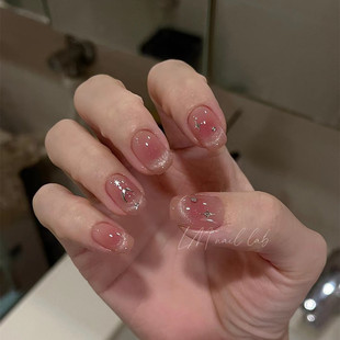 65手工穿戴甲温柔法式 晶石猫眼腮红高级感假指甲贴片 镶钻显白短款