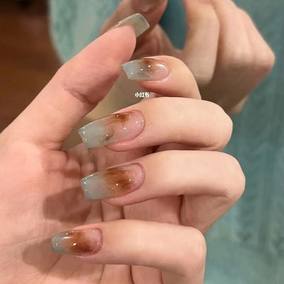 琥珀蓝假指甲成品穿戴甲定制