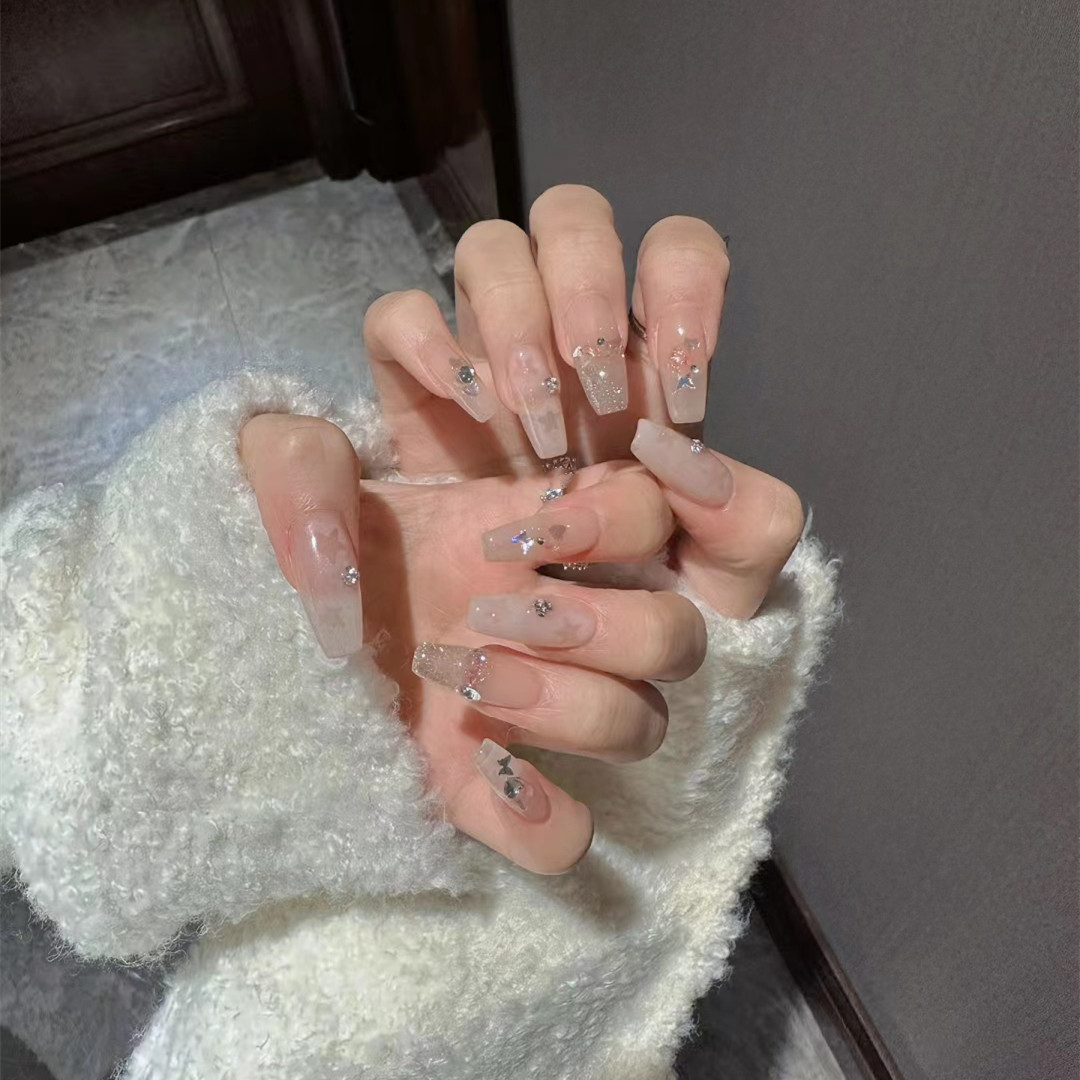 手工定制成品穿戴美甲茶杏色堆钻